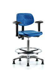 Polyurethane Chair Chrome - High Bench Height with Adjustable Arms, Chrome Foot Ring, & Stationary Glides in Blue Polyurethane