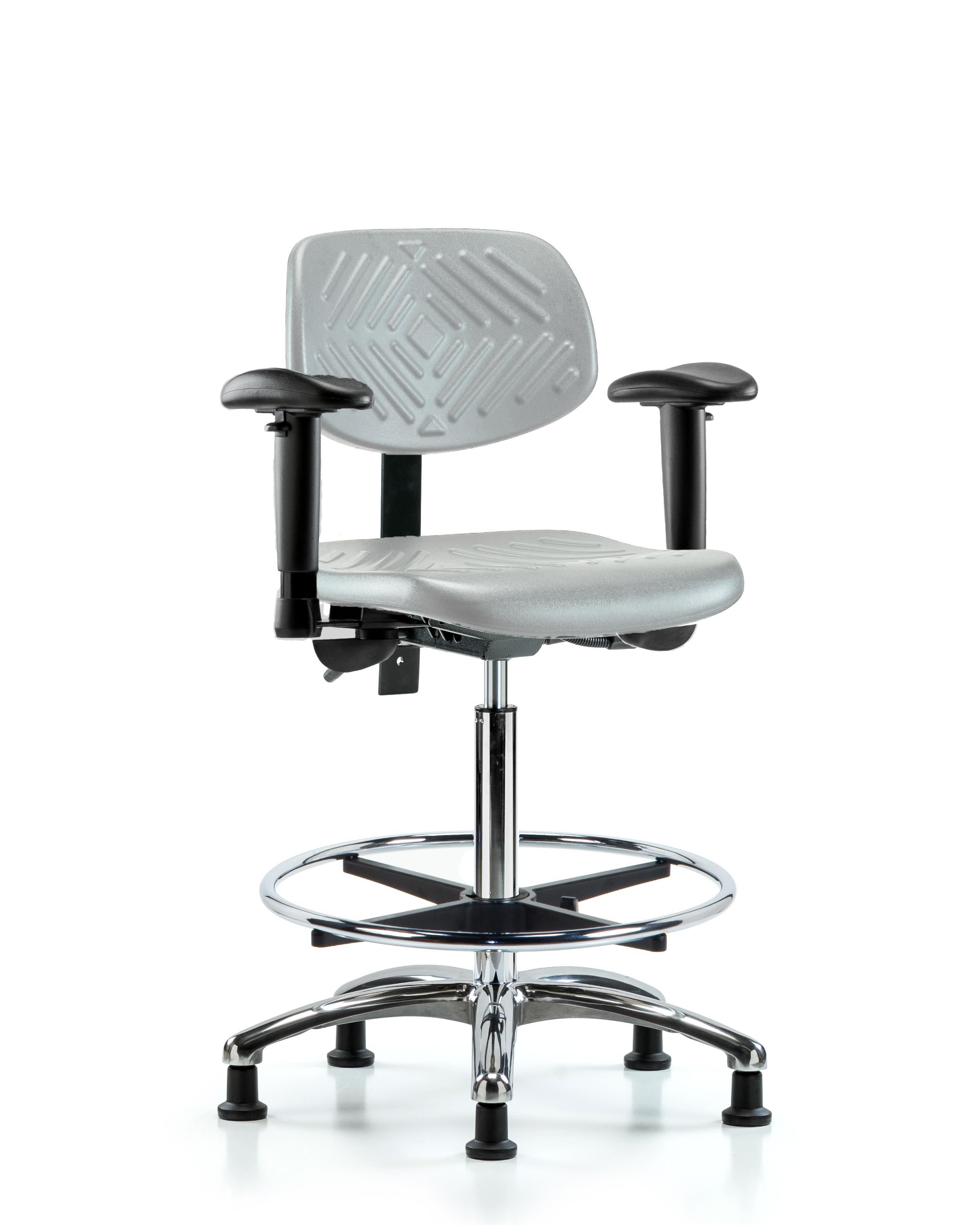 Polyurethane Chair Chrome - High Bench Height with Adjustable Arms, Chrome Foot Ring, & Stationary Glides in Gray Polyurethane