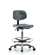 Polyurethane Chair Chrome - High Bench Height with Seat Tilt, Chrome Foot Ring, & Casters in Black Polyurethane