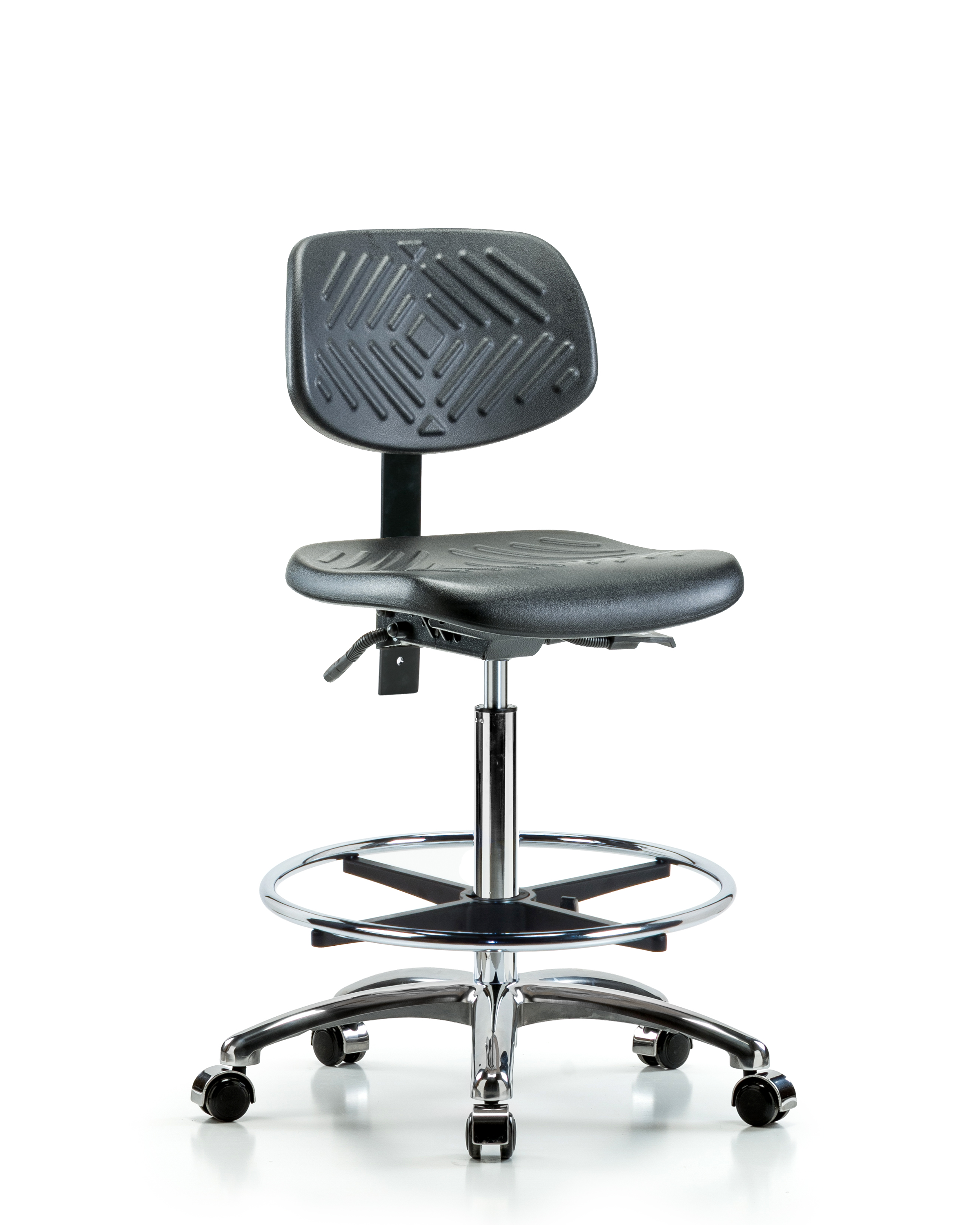Polyurethane Chair Chrome - High Bench Height with Seat Tilt, Chrome Foot Ring, & Casters in Black Polyurethane