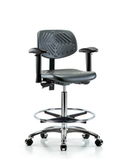 Polyurethane Chair Chrome - High Bench Height with Seat Tilt, Adjustable Arms, Chrome Foot Ring, & Casters in Black Polyurethane