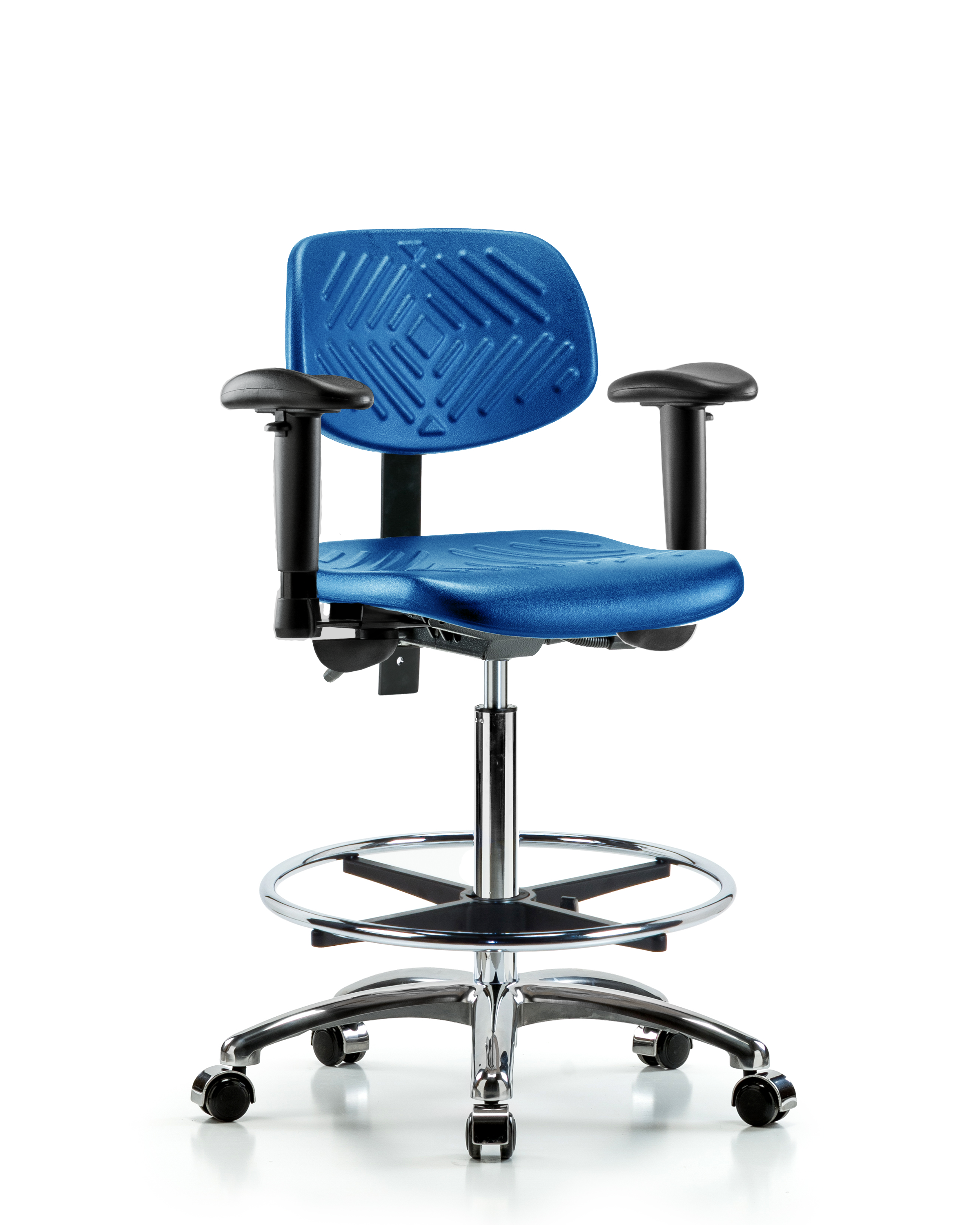 Polyurethane Chair Chrome - High Bench Height with Seat Tilt, Adjustable Arms, Chrome Foot Ring, & Casters in Blue Polyurethane