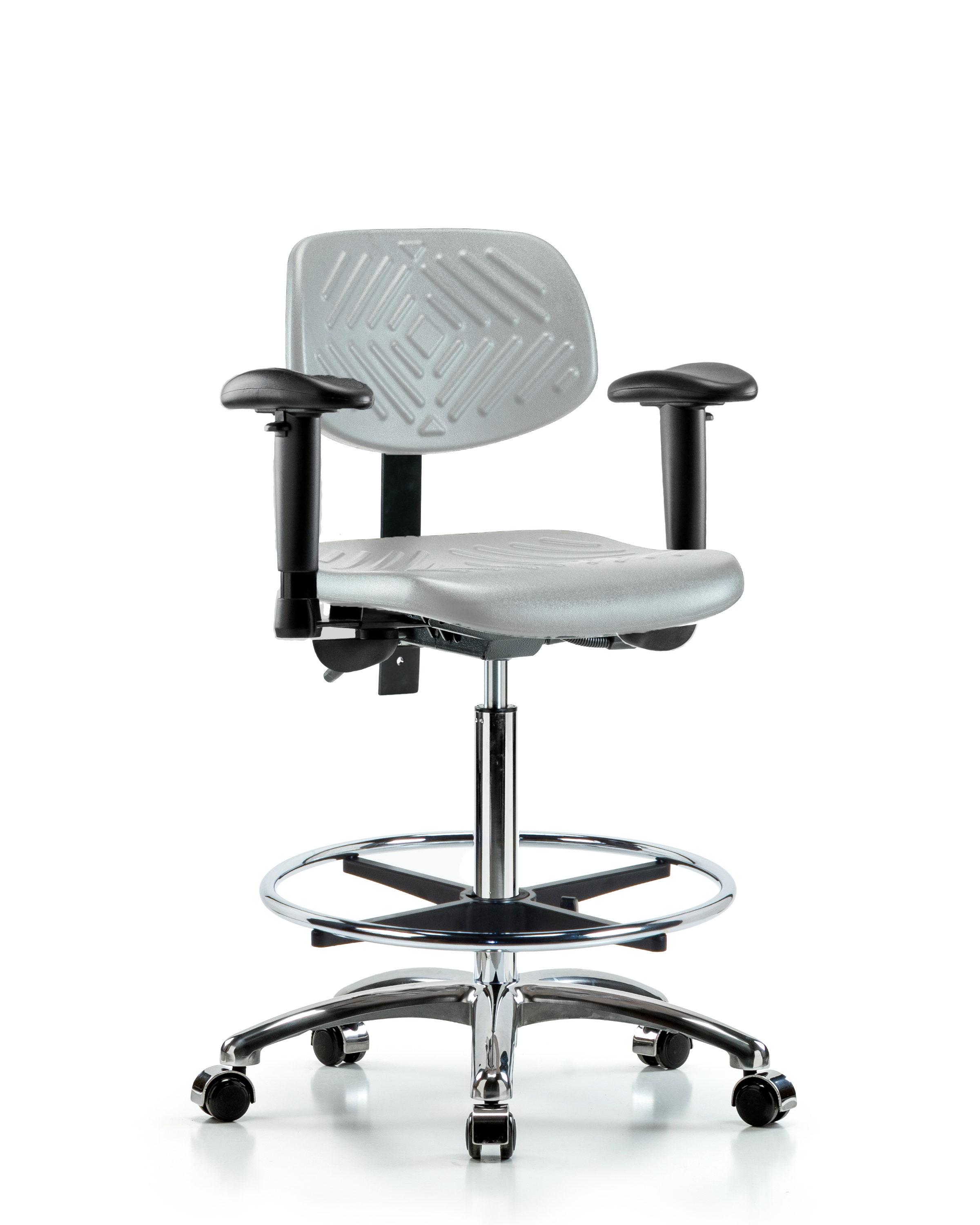 Polyurethane Chair Chrome - High Bench Height with Seat Tilt, Adjustable Arms, Chrome Foot Ring, & Casters in Gray Polyurethane