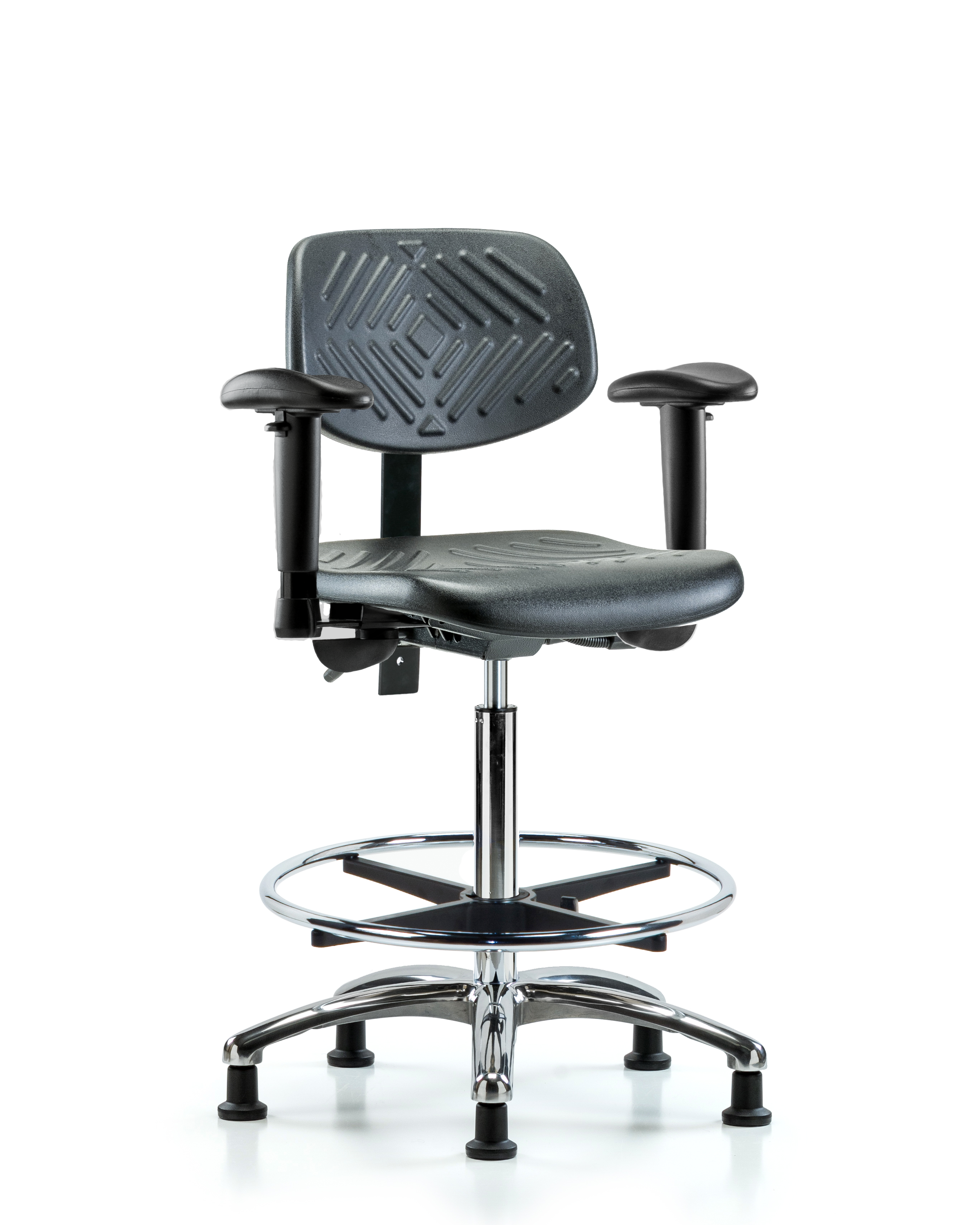 Polyurethane Chair Chrome - High Bench Height with Seat Tilt, Adjustable Arms, Chrome Foot Ring, & Stationary Glides in Black Polyurethane