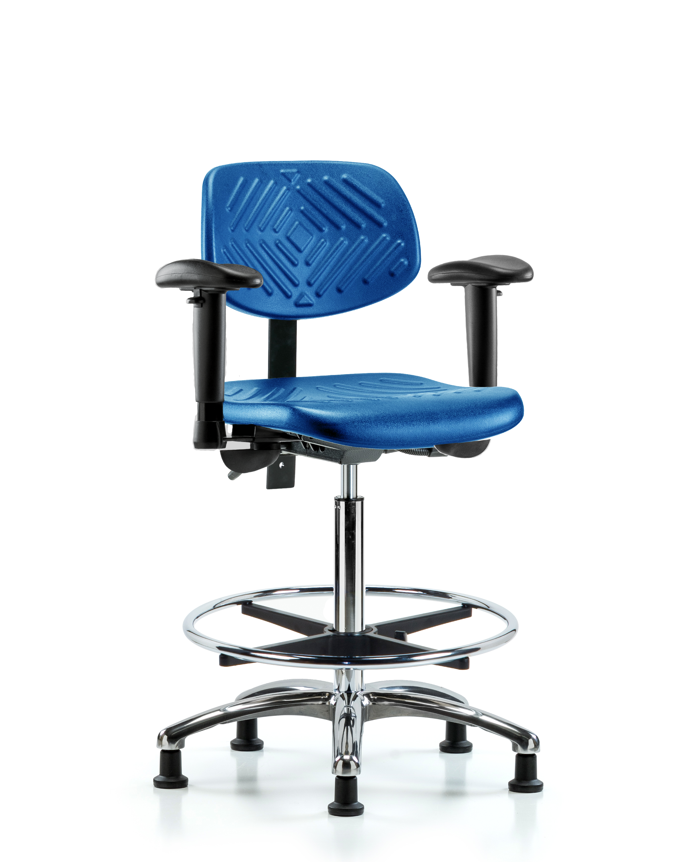 Polyurethane Chair Chrome - High Bench Height with Seat Tilt, Adjustable Arms, Chrome Foot Ring, & Stationary Glides in Blue Polyurethane