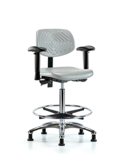 Polyurethane Chair Chrome - High Bench Height with Seat Tilt, Adjustable Arms, Chrome Foot Ring, & Stationary Glides in Gray Polyurethane