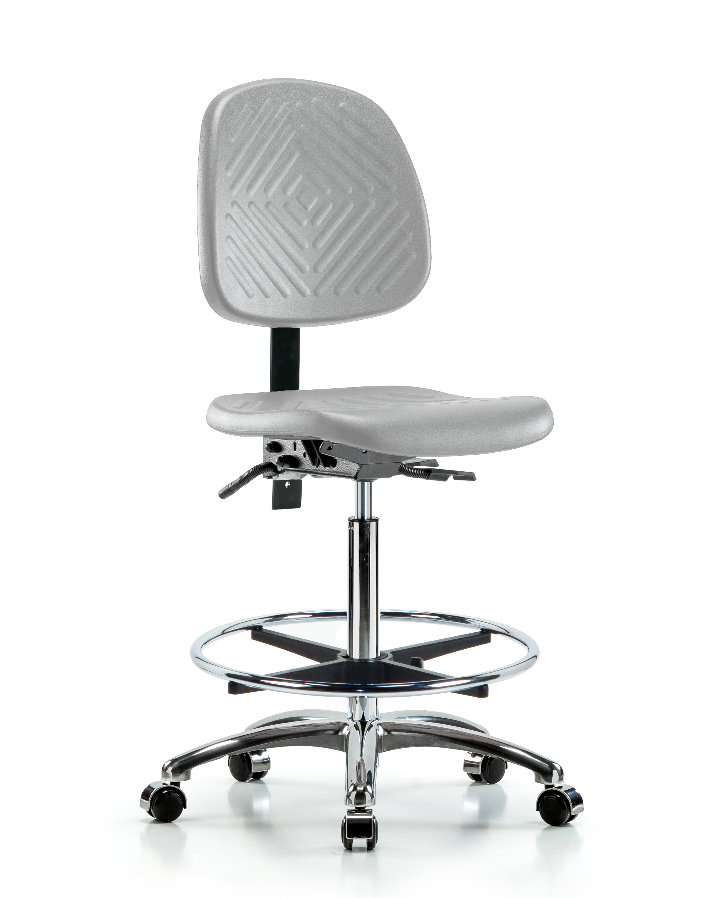 Polyurethane Chair Chrome - High Bench Height with Medium Back, Chrome Foot Rin, & Casters in Gray Polyurethane