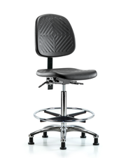 Polyurethane Chair Chrome - High Bench Height with Medium Back, Chrome Foot Ring, & Stationary Glides in Black Polyurethane