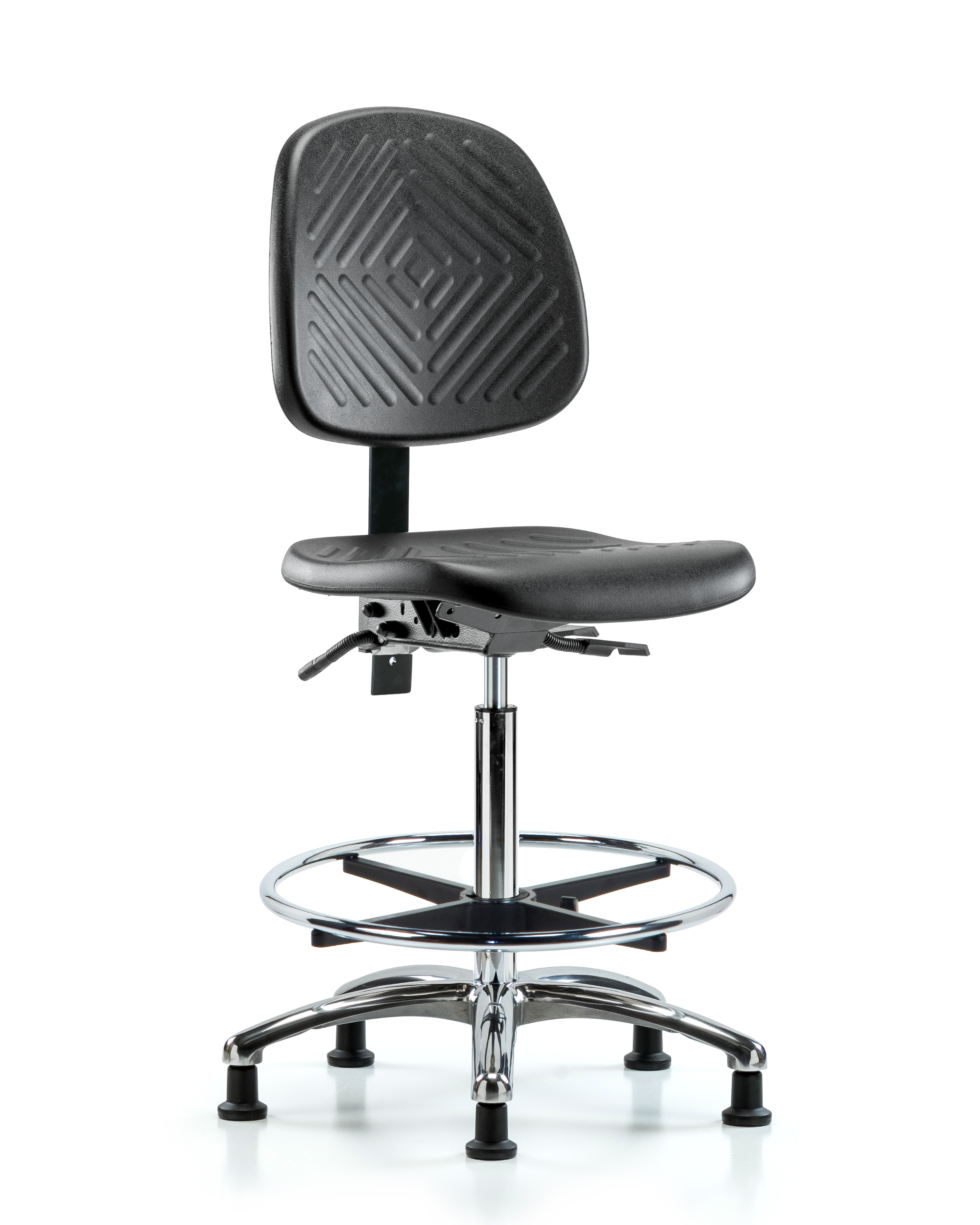 Polyurethane Chair Chrome - High Bench Height with Medium Back, Chrome Foot Ring, & Stationary Glides in Black Polyurethane