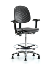 Polyurethane Chair Chrome - High Bench Height with Medium Back, Adjustable Arms, Chrome Foot Ring, & Stationary Glides in Black Polyurethane