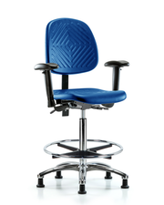 Polyurethane Chair Chrome - High Bench Height with Medium Back, Adjustable Arms, Chrome Foot Ring, & Stationary Glides in Blue Polyurethane