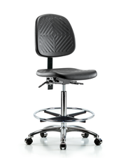 Polyurethane Chair Chrome - High Bench Height with Medium Back, Seat Tilt, Chrome Foot Ring, & Casters in Black Polyurethane