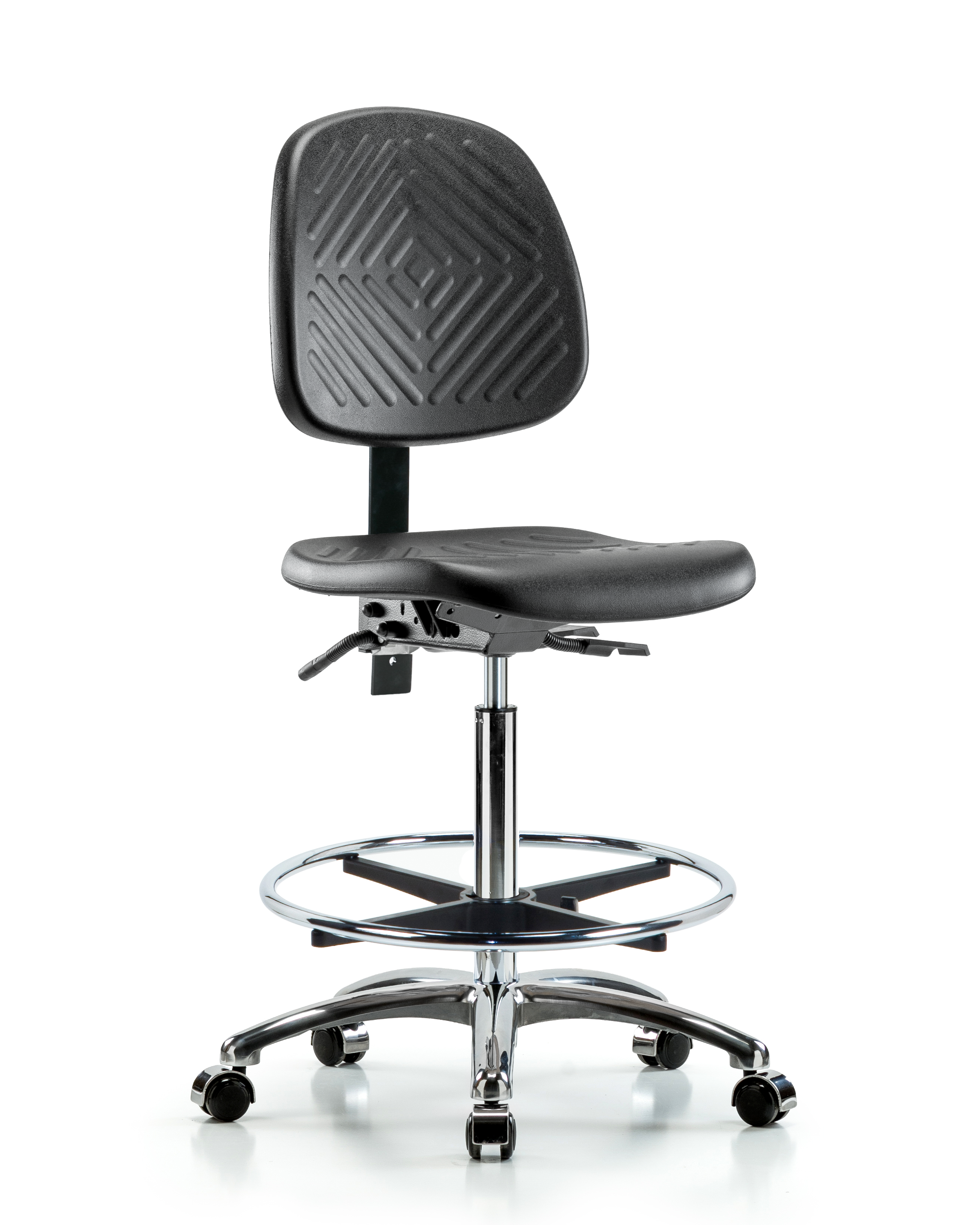 Polyurethane Chair Chrome - High Bench Height with Medium Back, Seat Tilt, Chrome Foot Ring, & Casters in Black Polyurethane