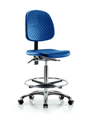 Polyurethane Chair Chrome - High Bench Height with Medium Back, Seat Tilt, Chrome Foot Ring, & Casters in Blue Polyurethane