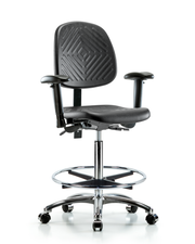 Polyurethane Chair Chrome - High Bench Height with Medium Back, Seat Tilt, Adjustable Arms, Chrome Foot Ring, & Casters in Black Polyurethane