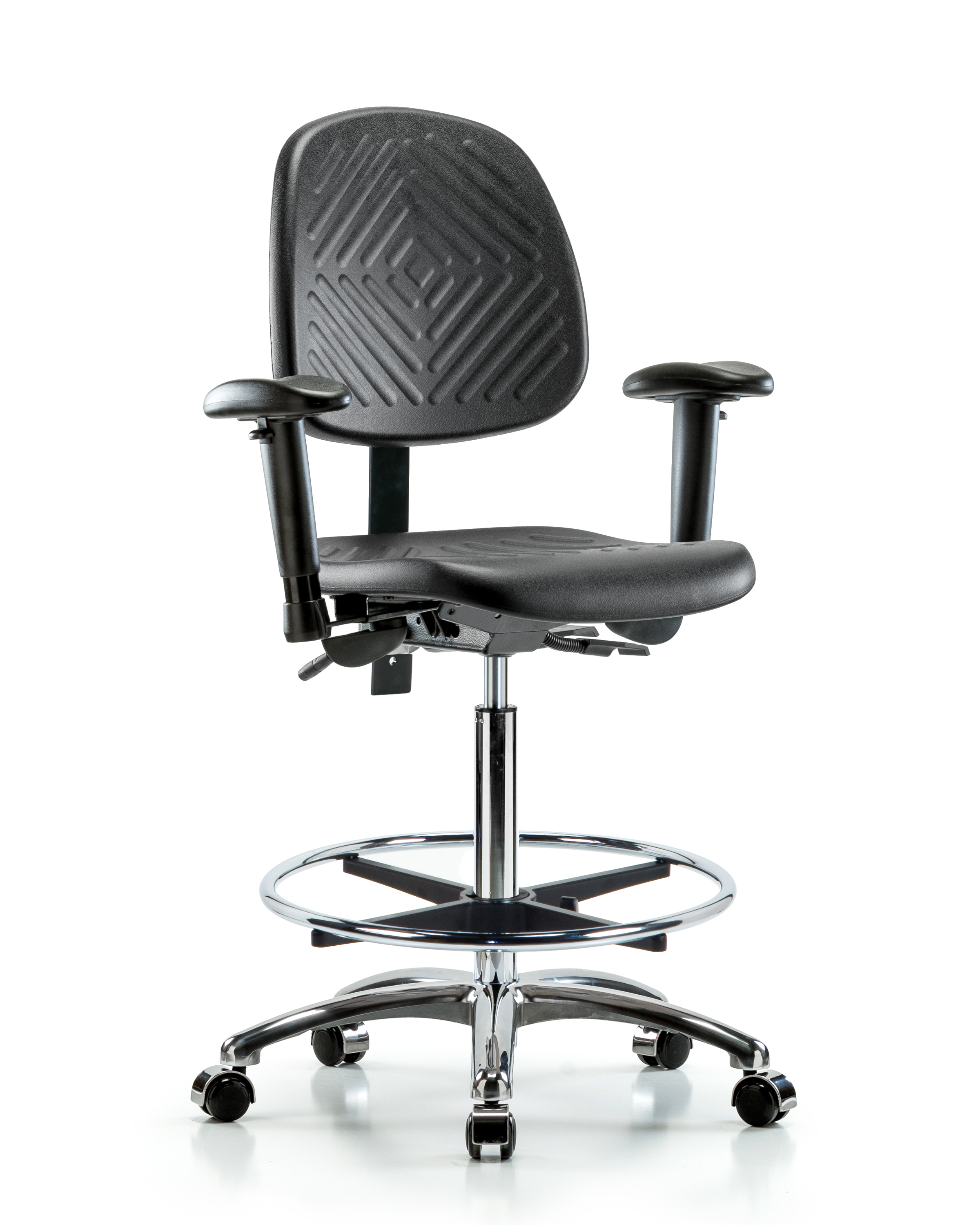 Polyurethane Chair Chrome - High Bench Height with Medium Back, Seat Tilt, Adjustable Arms, Chrome Foot Ring, & Casters in Black Polyurethane