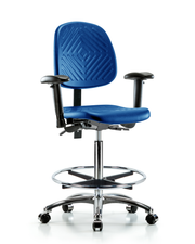 Polyurethane Chair Chrome - High Bench Height with Medium Back, Seat Tilt, Adjustable Arms, Chrome Foot Ring, & Casters in Blue Polyurethane