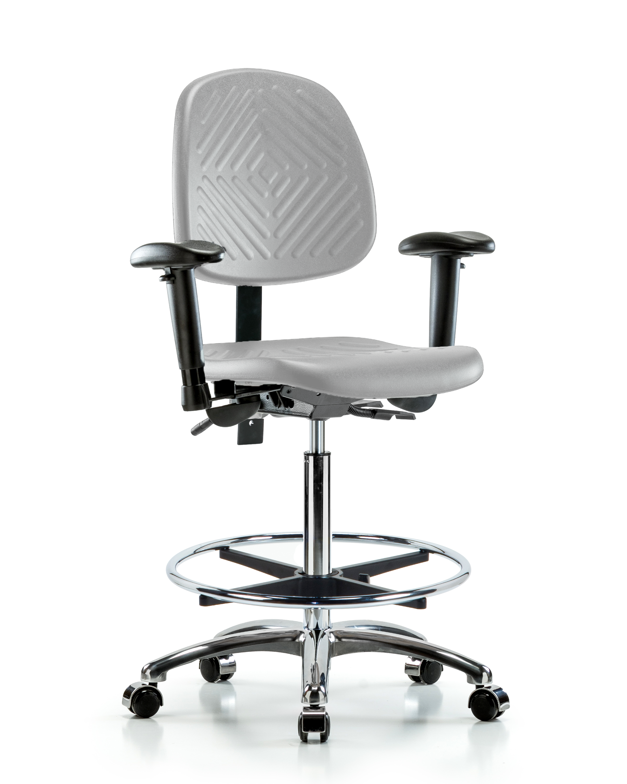 Polyurethane Chair Chrome - High Bench Height with Medium Back, Seat Tilt, Adjustable Arms, Chrome Foot Ring, & Casters in Gray Polyurethane