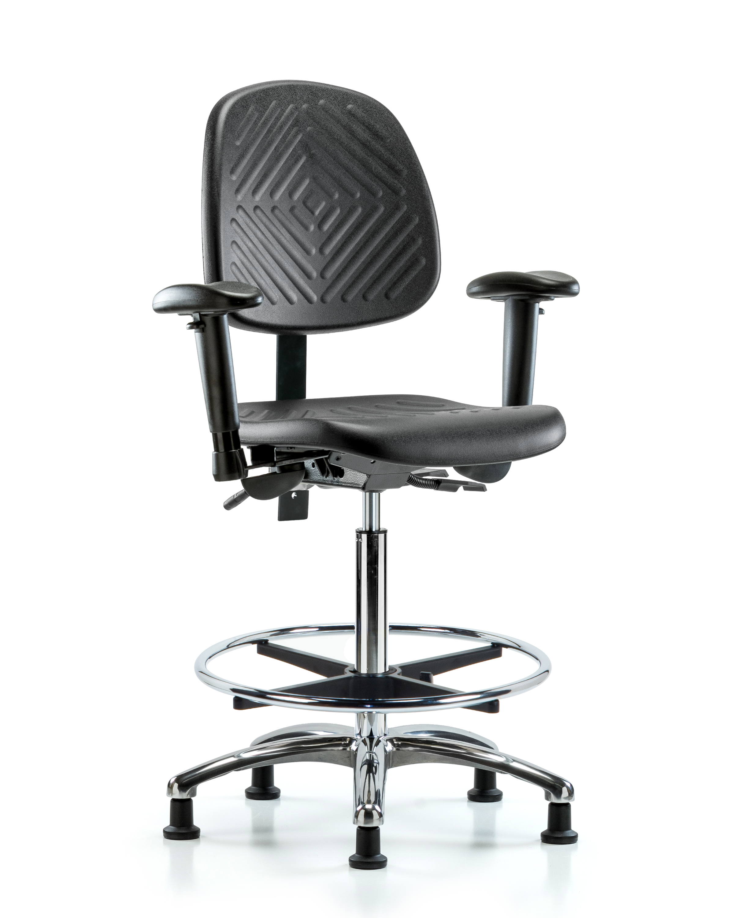 Polyurethane Chair Chrome - High Bench Height with Medium Back, Seat Tilt, Adjustable Arms, Chrome Foot Ring, & Stationary Glides in Black Polyurethane