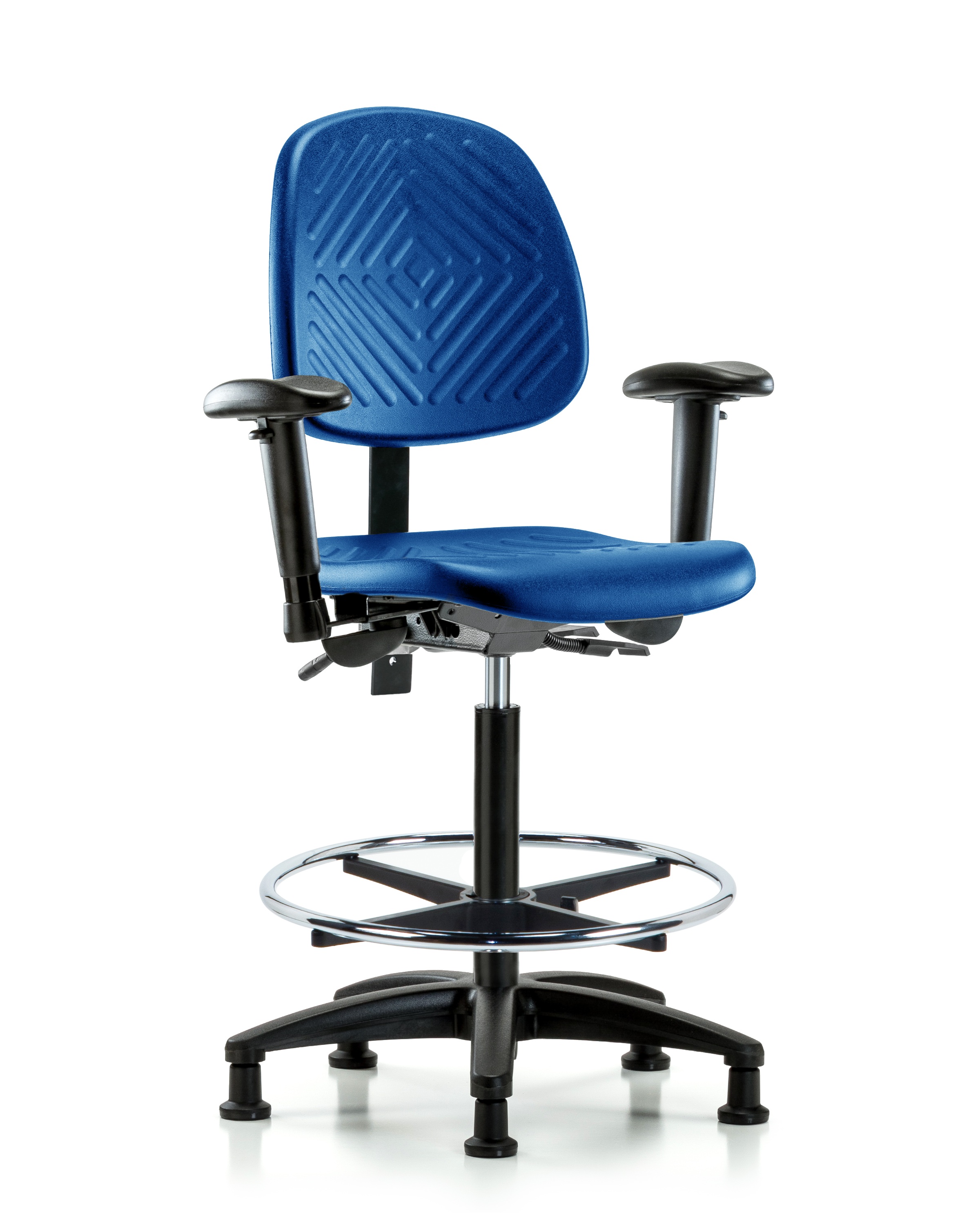 Polyurethane Chair Chrome - High Bench Height with Medium Back, Seat Tilt, Adjustable Arms, Chrome Foot Ring, & Stationary Glides in Blue Polyurethane