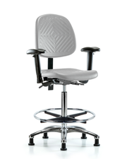 Polyurethane Chair Chrome - High Bench Height with Medium Back, Seat Tilt, Adjustable Arms, Chrome Foot Ring, & Stationary Glides in Gray Polyurethane
