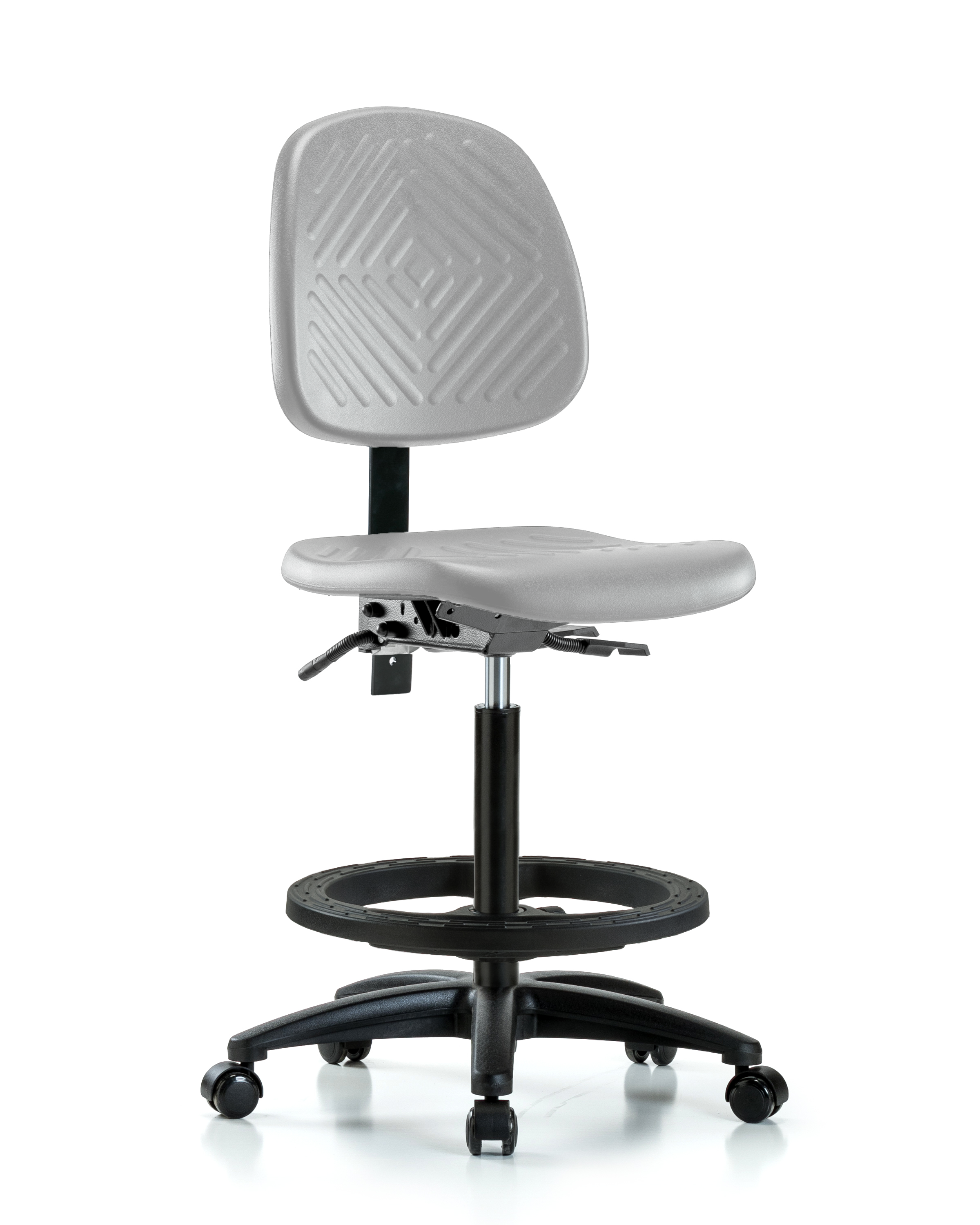 Polyurethane Chair - High Bench Height with Medium Back, Black Foot Ring, & Casters in Gray Polyurethane