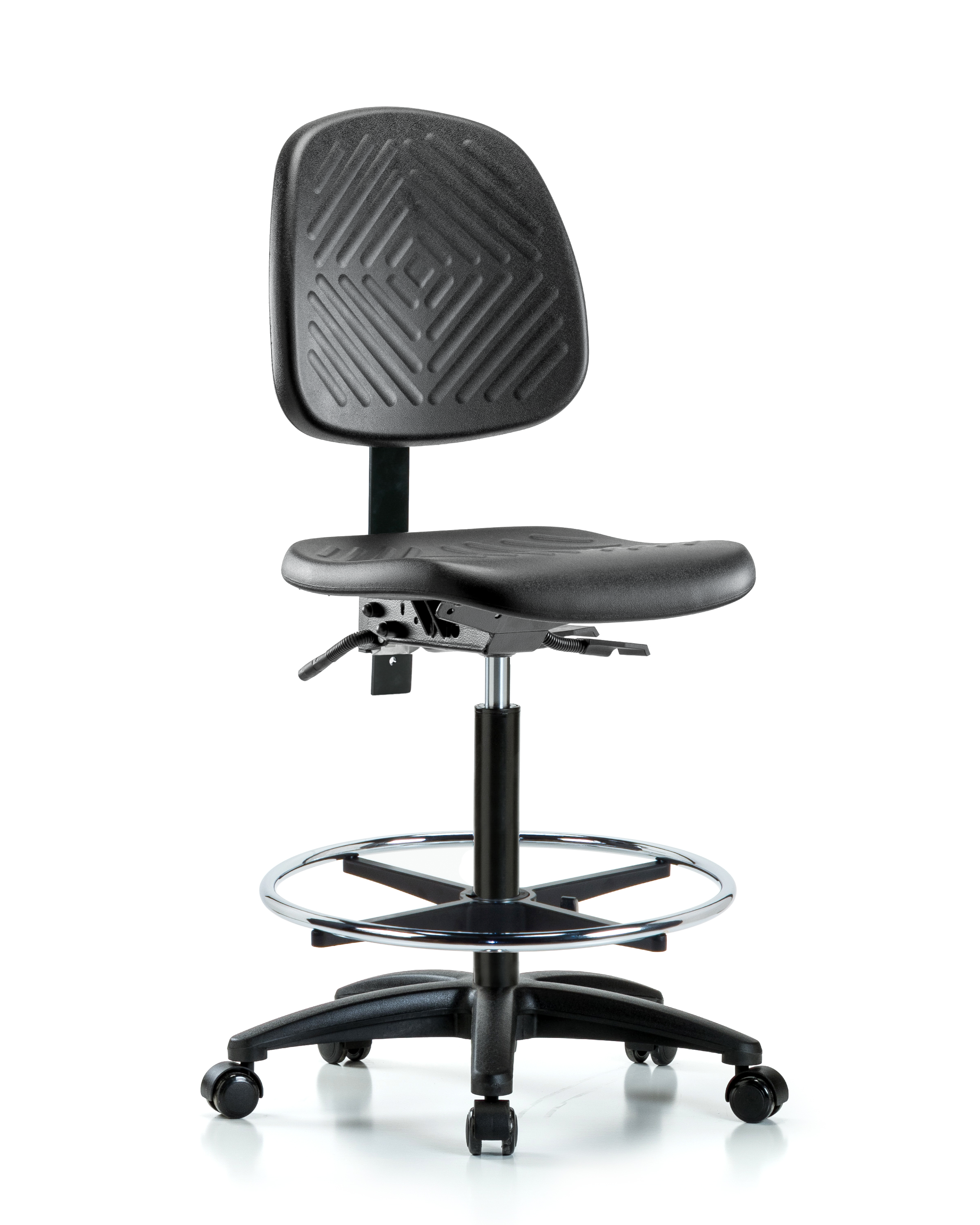 Polyurethane Chair - High Bench Height with Medium Back, Chrome Foot Ring, & Casters in Black Polyurethane