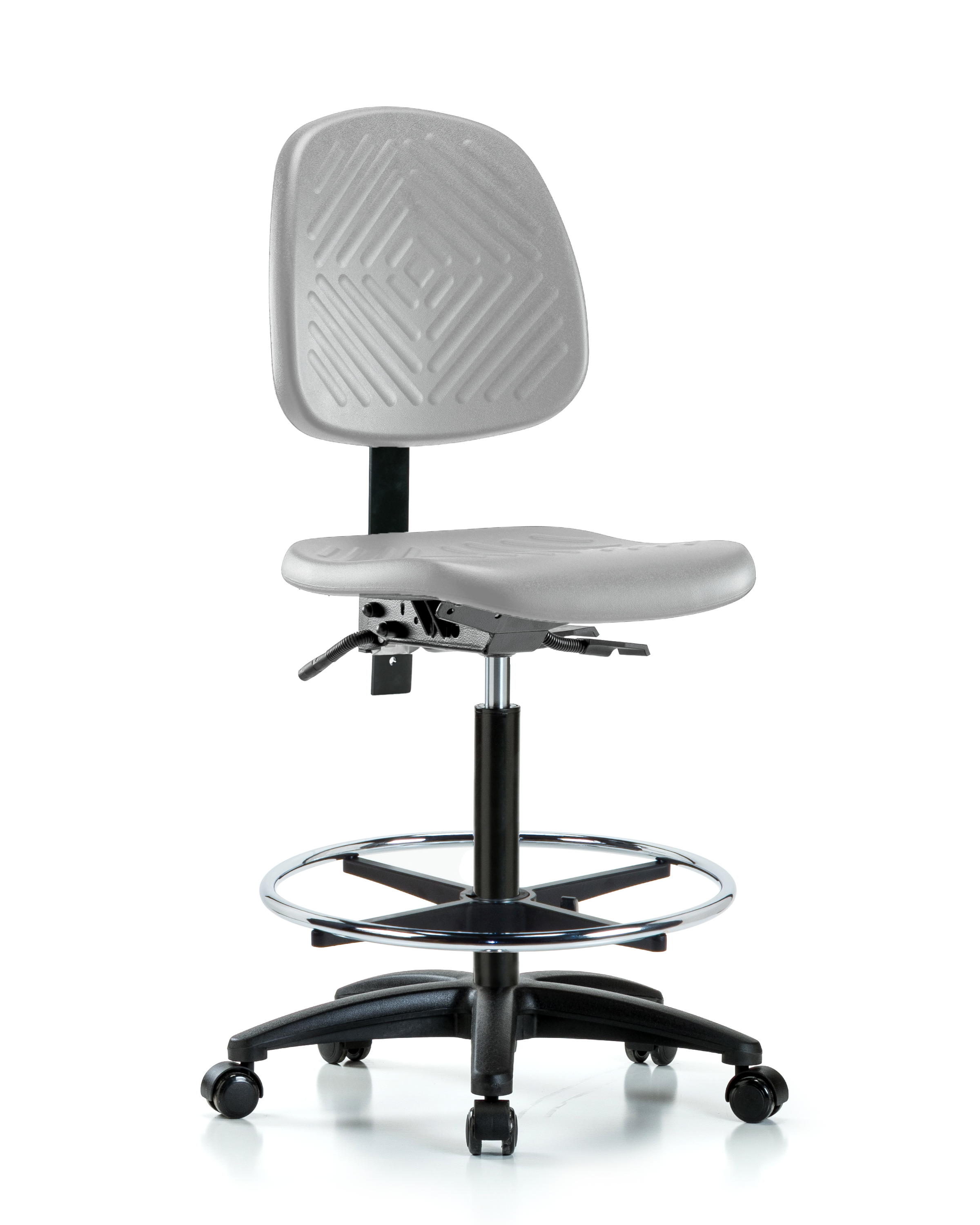 Polyurethane Chair - High Bench Height with Medium Back, Chrome Foot Ring, & Casters in Gray Polyurethane
