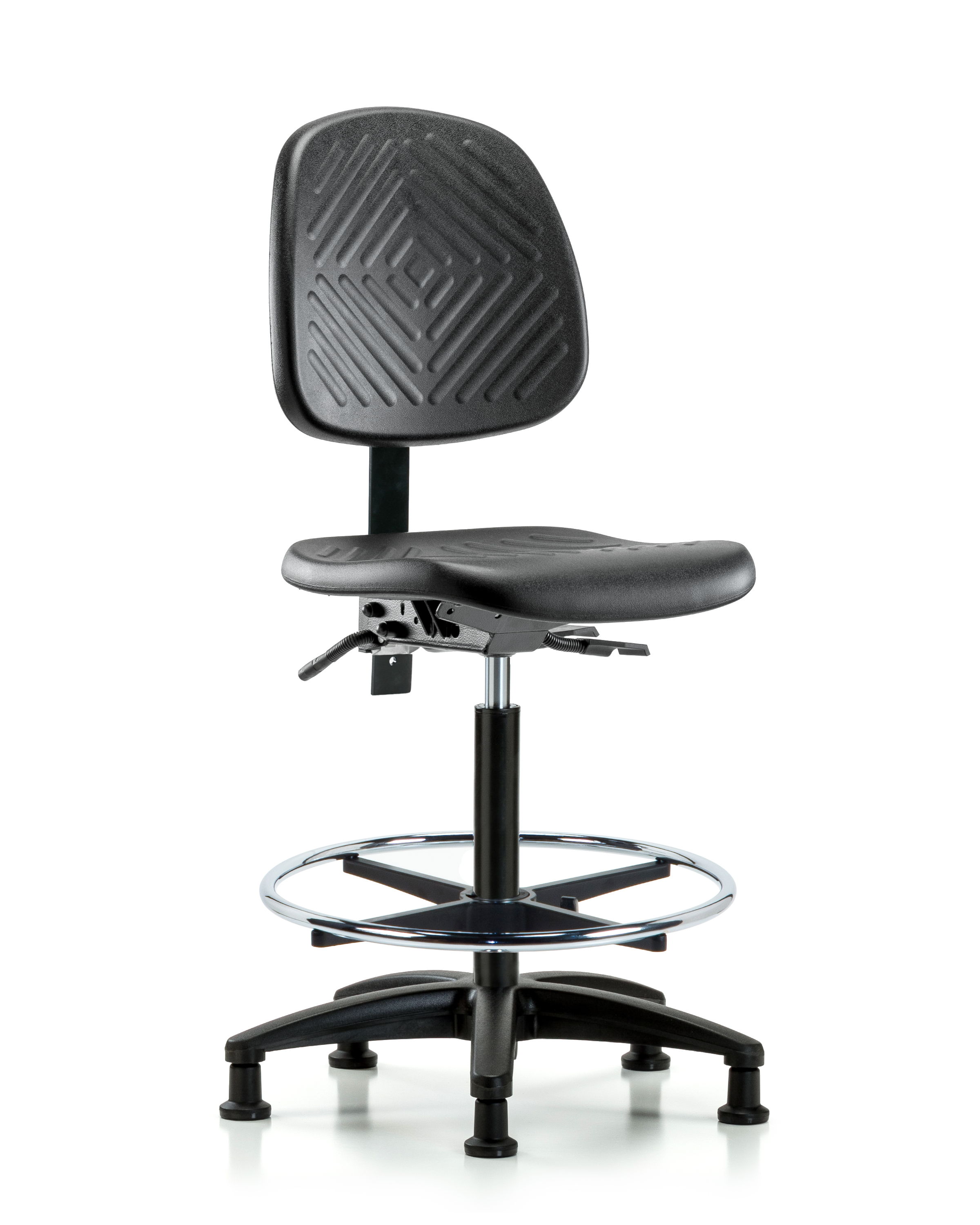 Polyurethane Chair - High Bench Height with Medium Back, Chrome Foot Ring, & Stationary Glides in Black Polyurethane