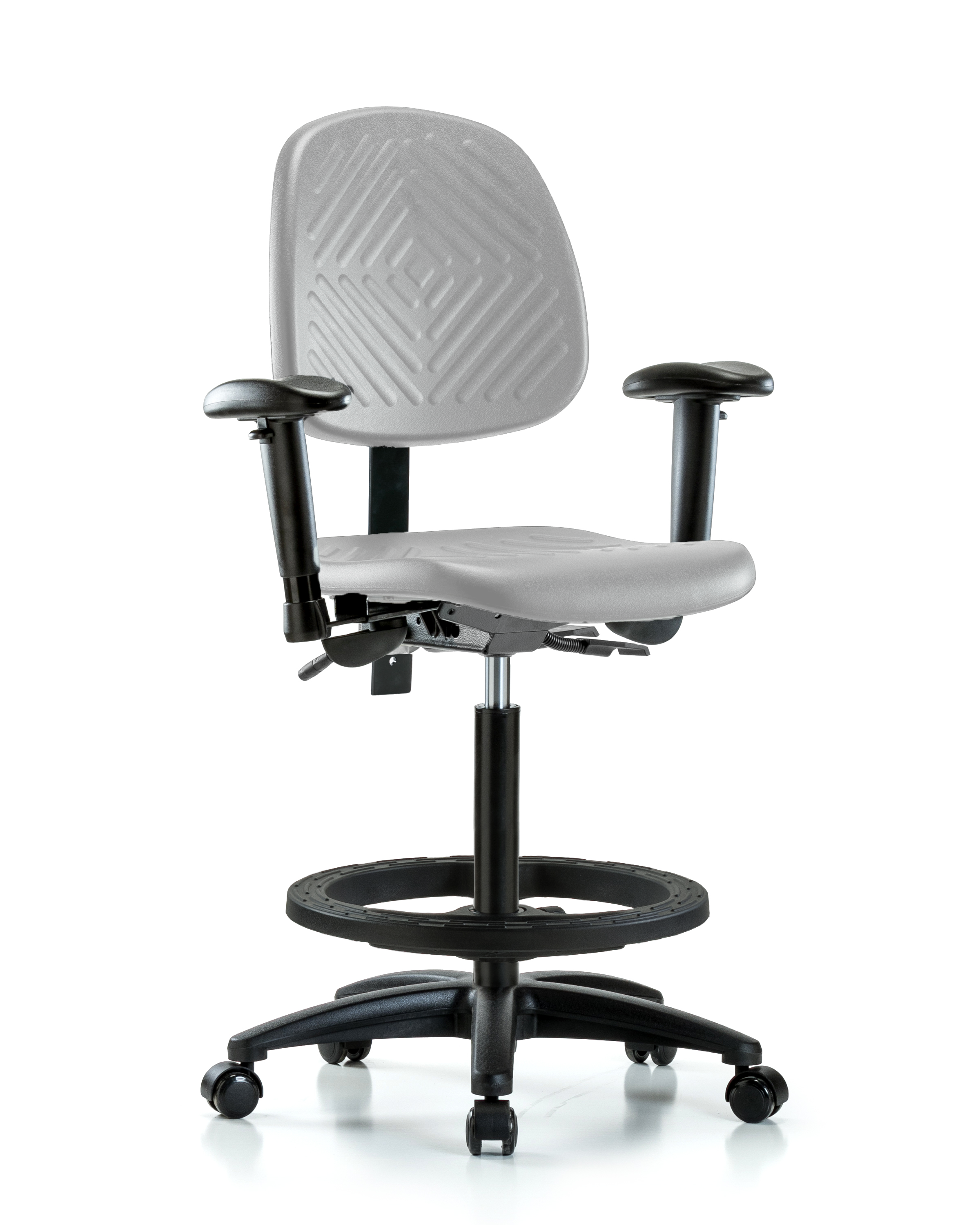 Polyurethane Chair - High Bench Height with Medium Back, Adjustable Arms, Black Foot Ring, & Casters in Gray Polyurethane