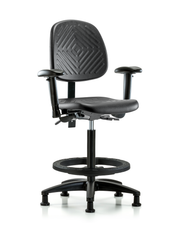 Polyurethane Chair - High Bench Height with Medium Back, Adjustable Arms, Black Foot Ring, & Stationary Glides in Black Polyurethane