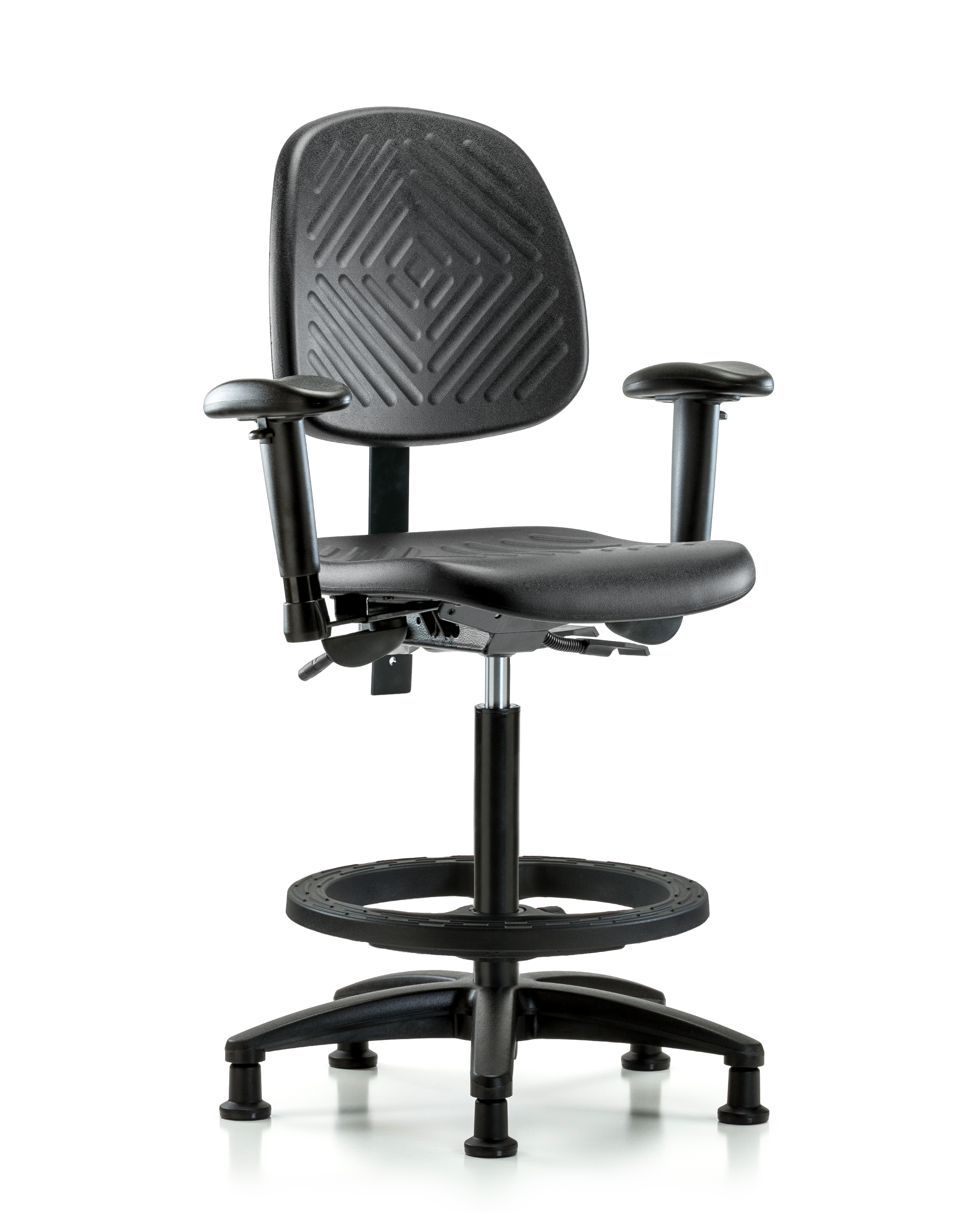 Polyurethane Chair - High Bench Height with Medium Back, Adjustable Arms, Black Foot Ring, & Stationary Glides in Black Polyurethane
