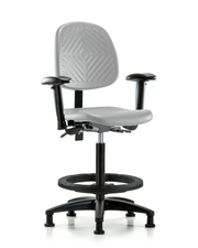 Polyurethane Chair - High Bench Height with Medium Back, Adjustable Arms, Black Foot Ring, & Stationary Glides in Gray Polyurethane