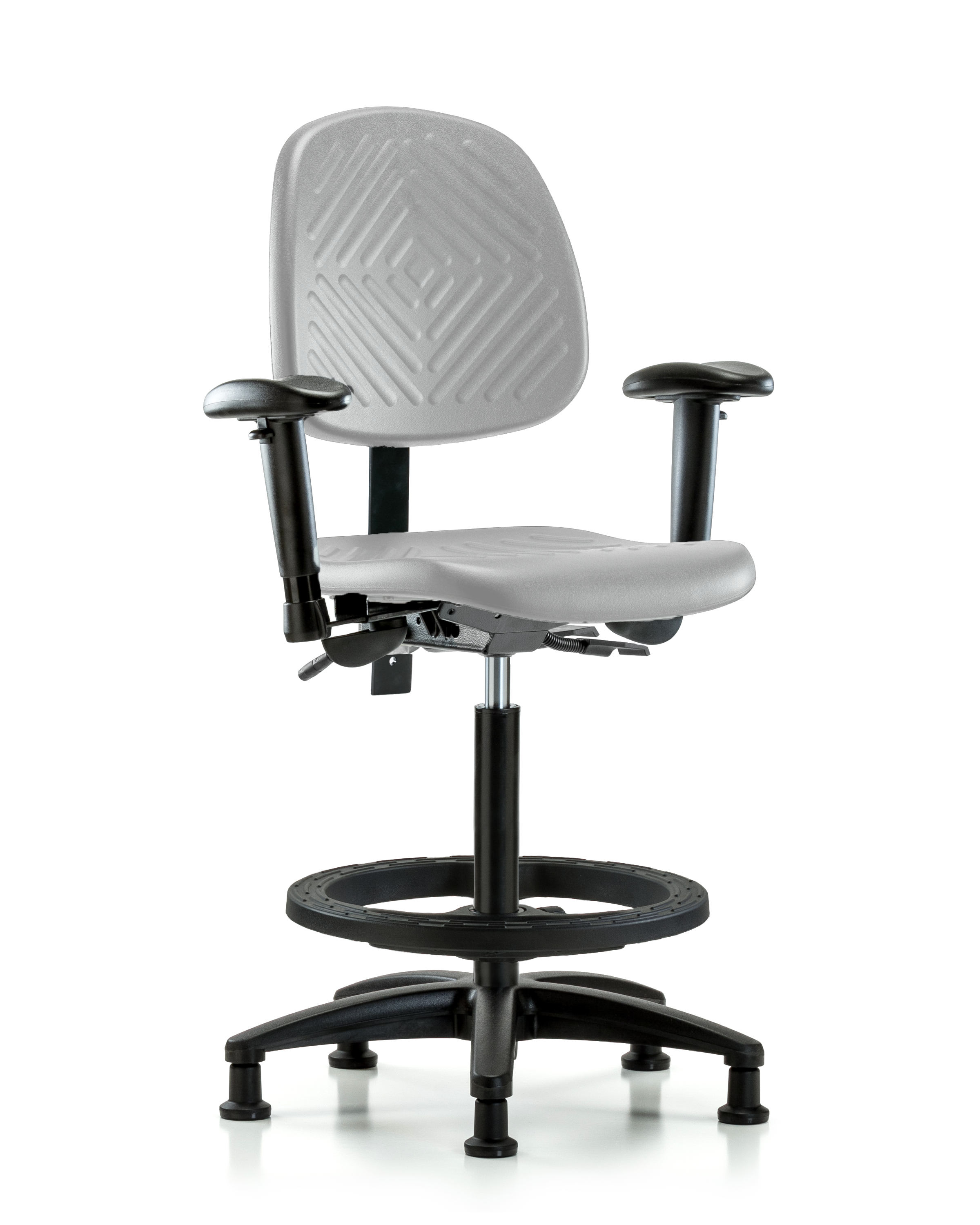 Polyurethane Chair - High Bench Height with Medium Back, Adjustable Arms, Black Foot Ring, & Stationary Glides in Gray Polyurethane