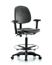 Polyurethane Chair - High Bench Height with Medium Back, Adjustable Arms, Chrome Foot Ring, & Casters in Black Polyurethane