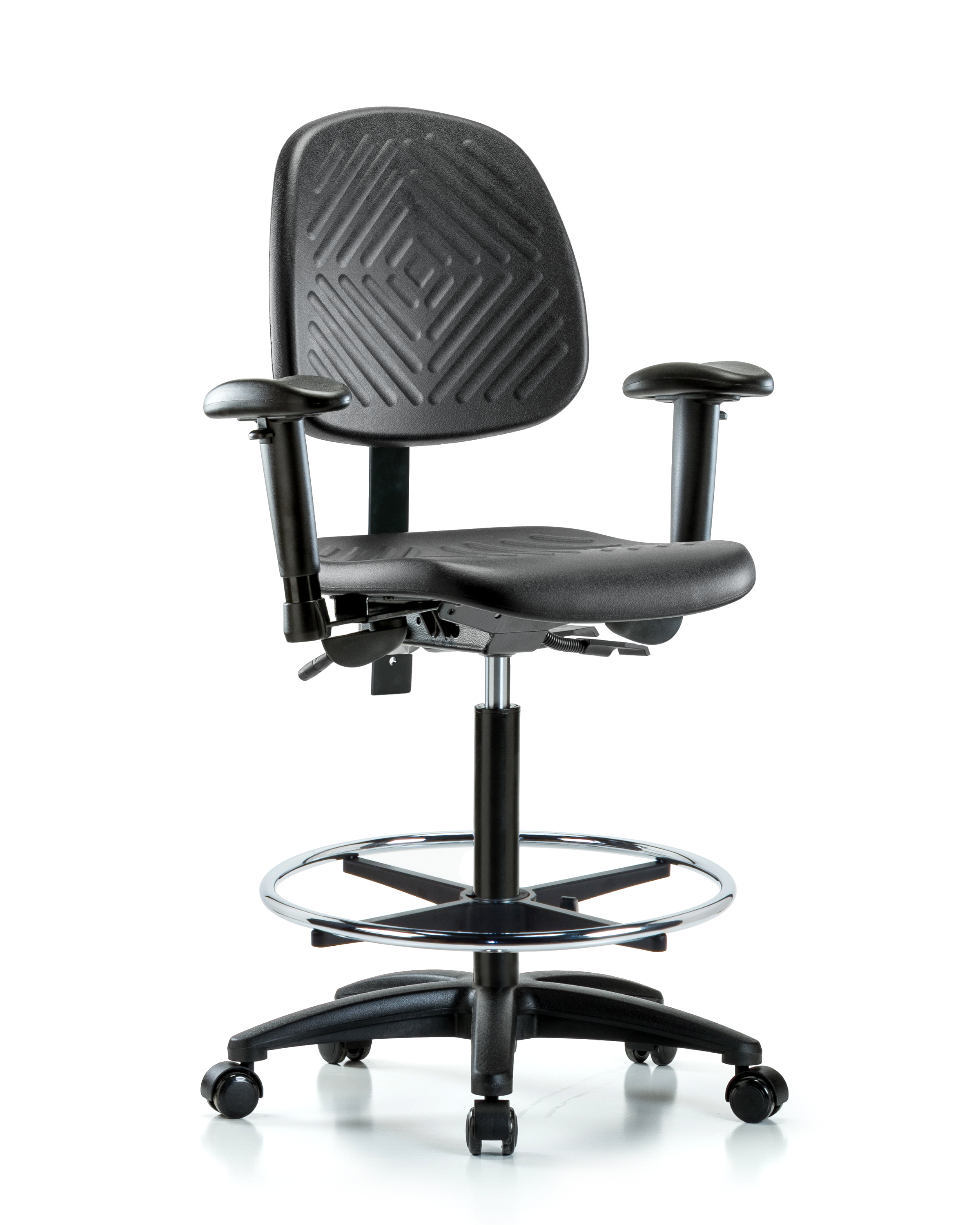 Polyurethane Chair - High Bench Height with Medium Back, Adjustable Arms, Chrome Foot Ring, & Casters in Black Polyurethane