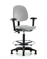 Polyurethane Chair - High Bench Height with Medium Back, Adjustable Arms, Chrome Foot Ring, & Stationary Glides in Gray Polyurethane