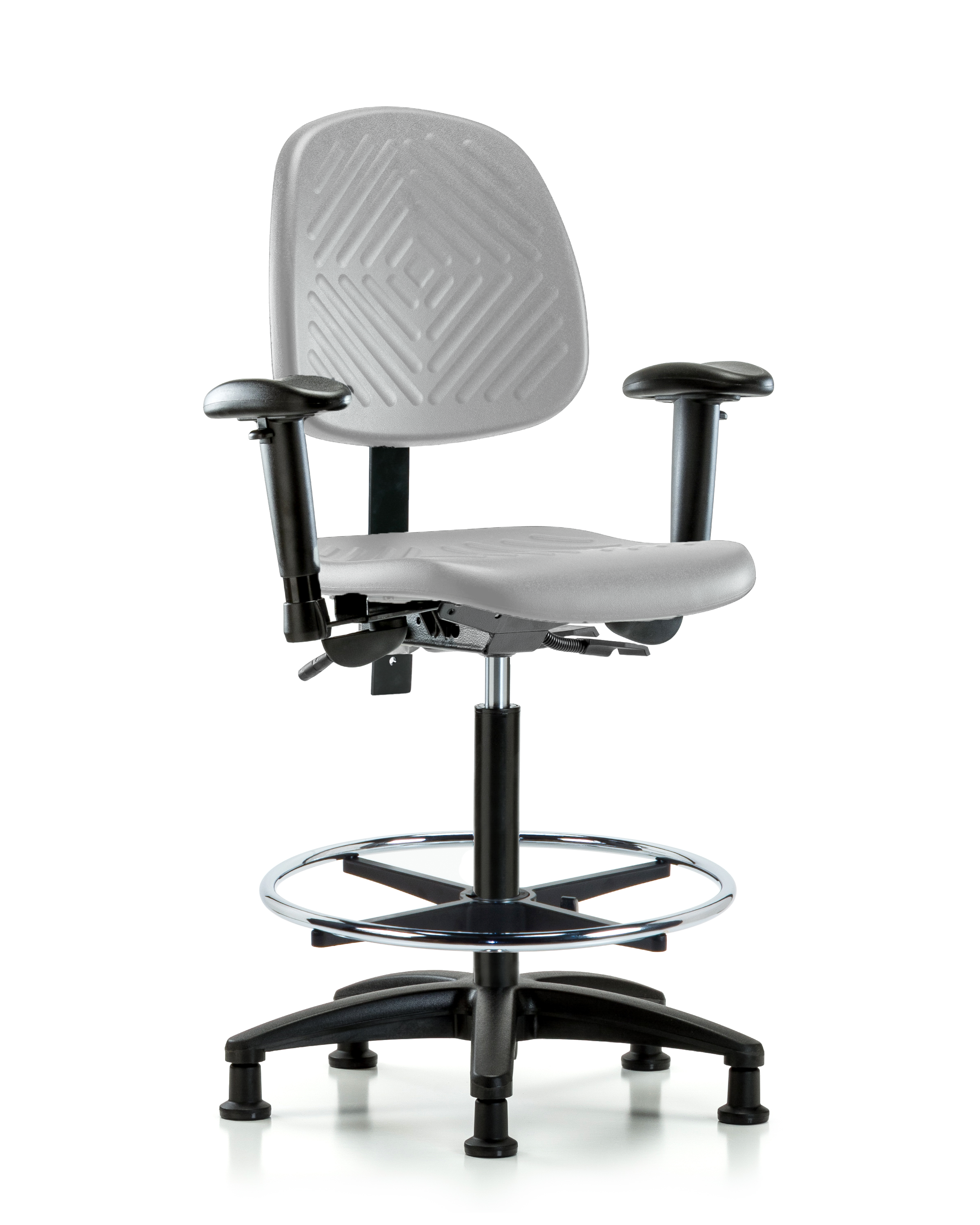 Polyurethane Chair - High Bench Height with Medium Back, Adjustable Arms, Chrome Foot Ring, & Stationary Glides in Gray Polyurethane