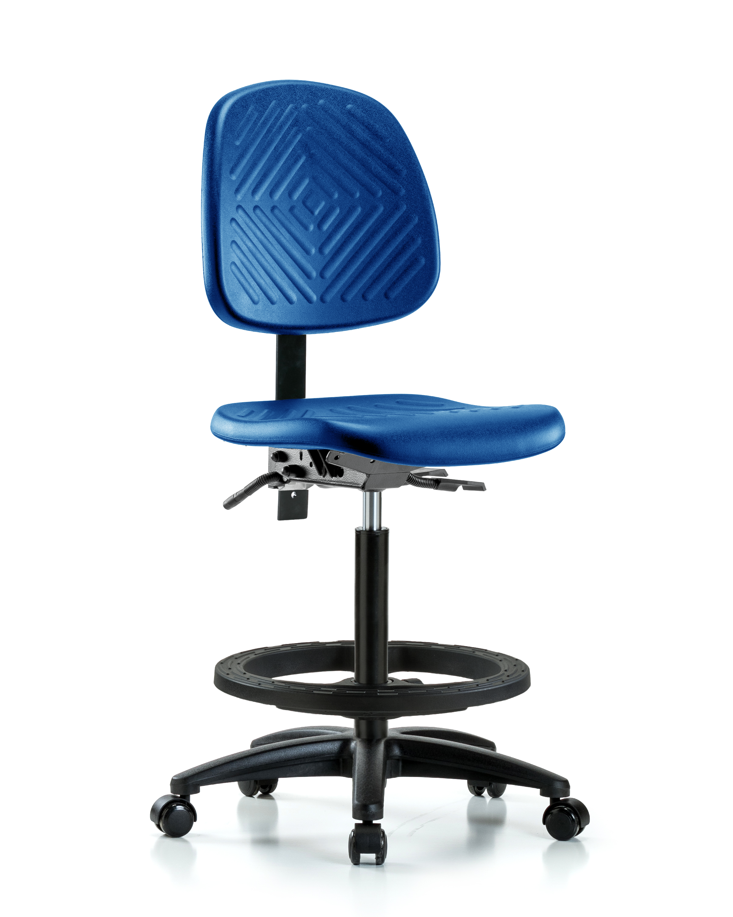 Polyurethane Chair - High Bench Height with Medium Back, Seat Tilt, Black Foot Ring, & Casters in Blue Polyurethane