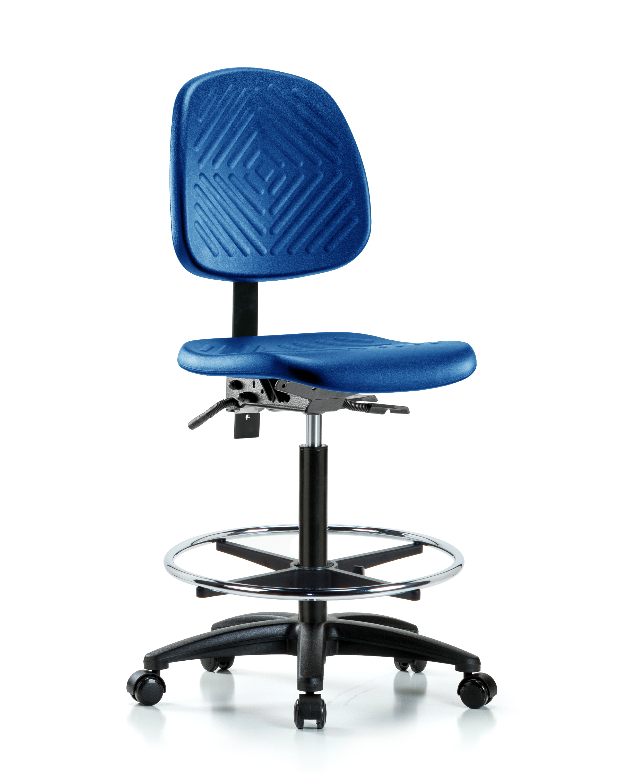 Polyurethane Chair - High Bench Height with Medium Back, Seat Tilt, Chrome Foot Ring, & Casters in Blue Polyurethane
