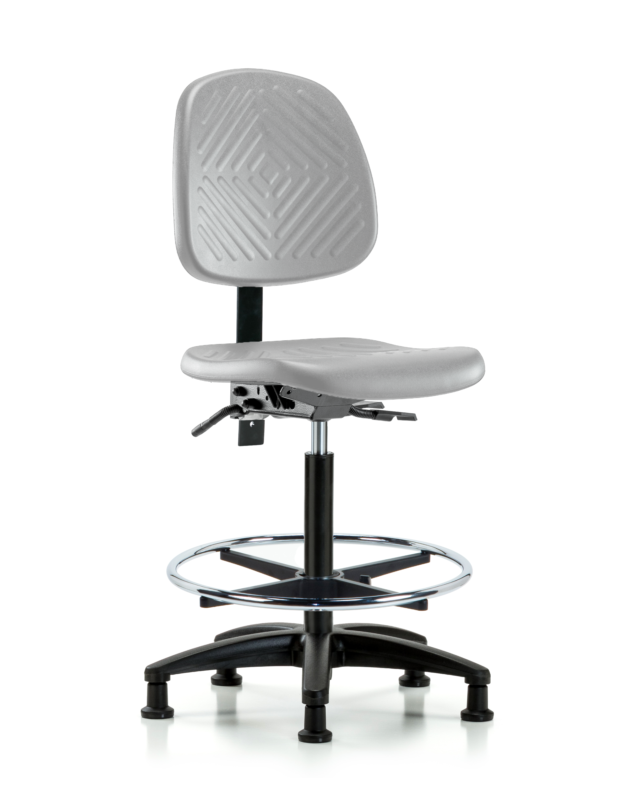 Polyurethane Chair - High Bench Height with Medium Back, Seat Tilt, Chrome Foot Ring, & Stationary Glides in Gray Polyurethane