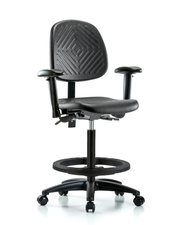 Polyurethane Chair - High Bench Height with Medium Back, Seat Tilt, Adjustable Arms, Black Foot Ring, & Casters in Black Polyurethane