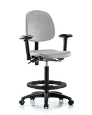 Polyurethane Chair - High Bench Height with Medium Back, Seat Tilt, Adjustable Arms, Black Foot Ring, & Casters in Gray Polyurethane