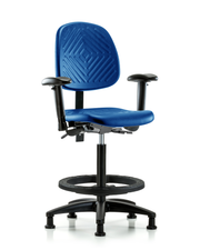 Polyurethane Chair - High Bench Height with Medium Back, Seat Tilt, Adjustable Arms, Black Foot Ring, & Stationary Glides in Blue Polyurethane