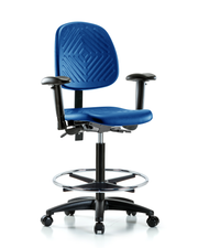 Polyurethane Chair - High Bench Height with Medium Back, Seat Tilt, Adjustable Arms, Chrome Foot Ring, & Casters in Blue Polyurethane