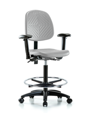 Polyurethane Chair - High Bench Height with Medium Back, Seat Tilt, Adjustable Arms, Chrome Foot Ring, & Casters in Gray Polyurethane