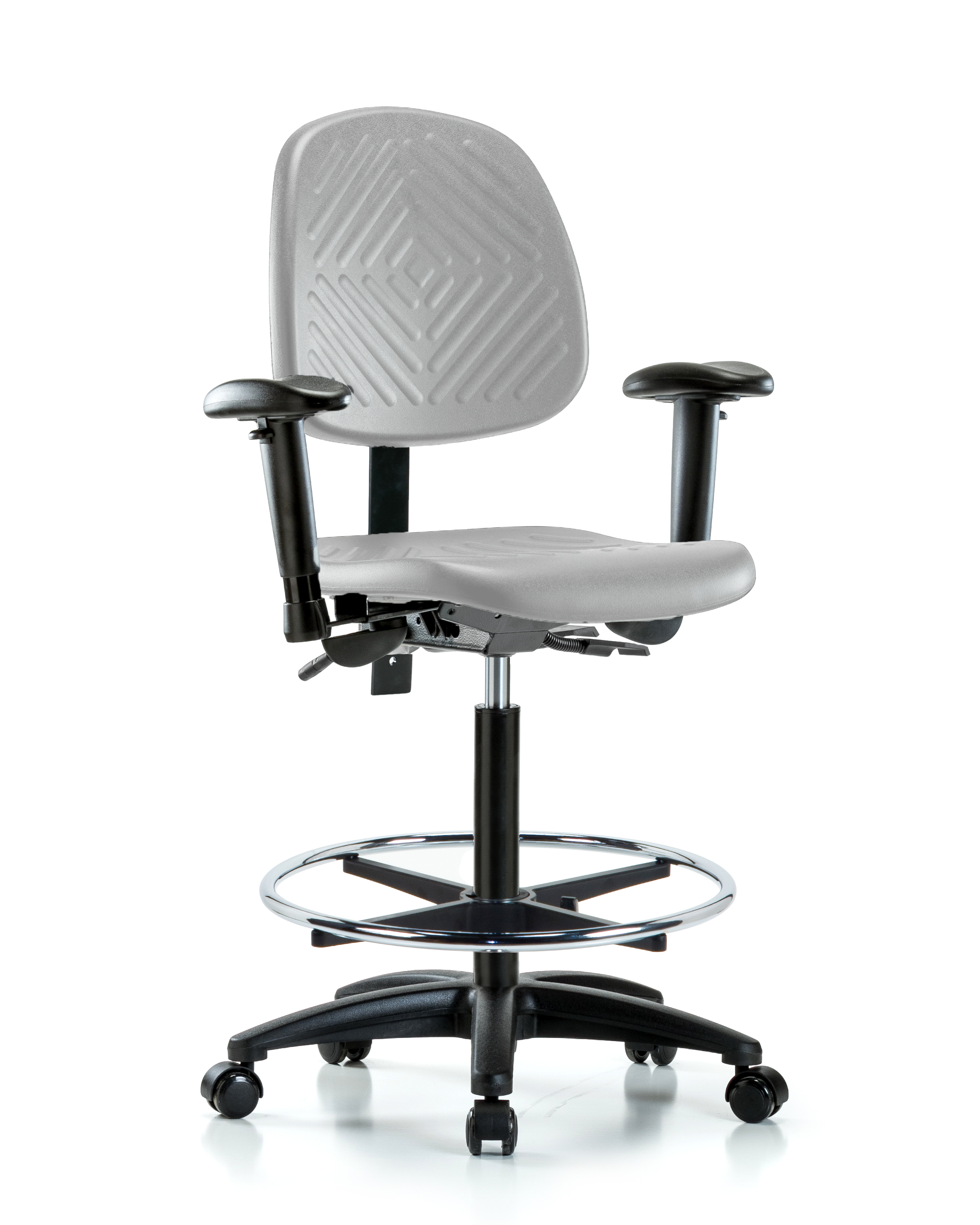 Polyurethane Chair - High Bench Height with Medium Back, Seat Tilt, Adjustable Arms, Chrome Foot Ring, & Casters in Gray Polyurethane