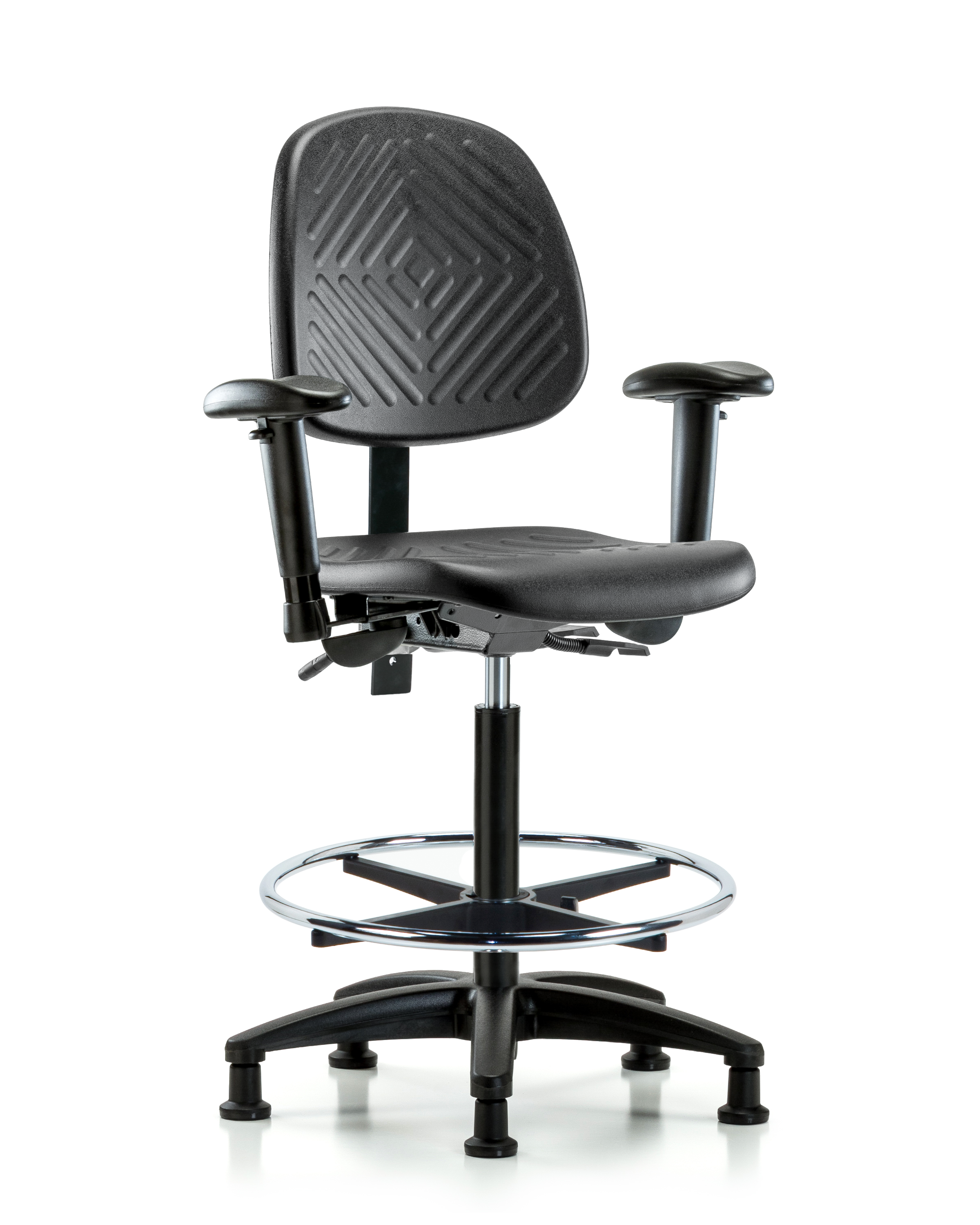 Polyurethane Chair - High Bench Height with Medium Back, Seat Tilt, Adjustable Arms, Chrome Foot Ring, & Stationary Glides in Black Polyurethane