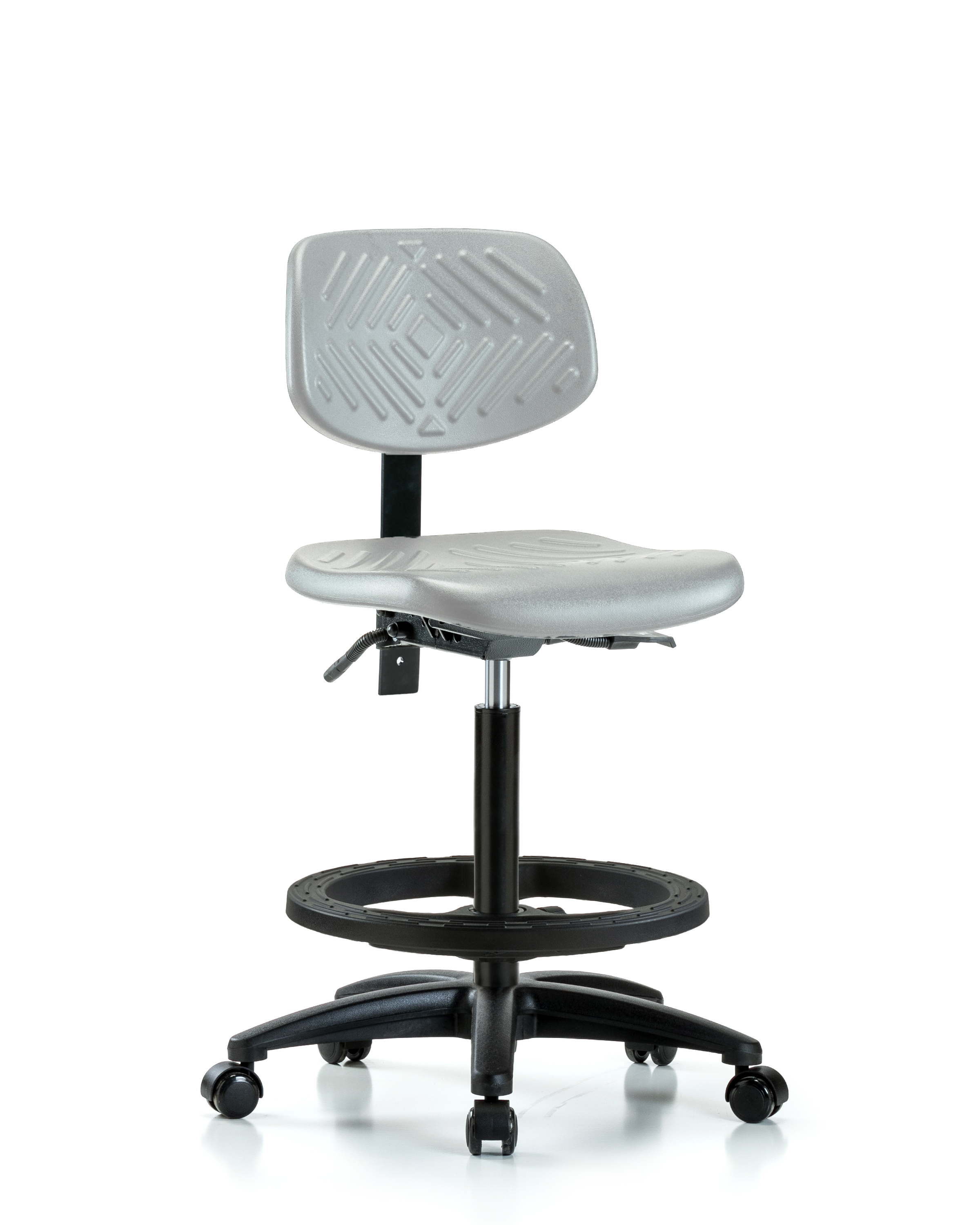 Polyurethane Chair - High Bench Height with Black Foot Ring & Casters in Gray Polyurethane