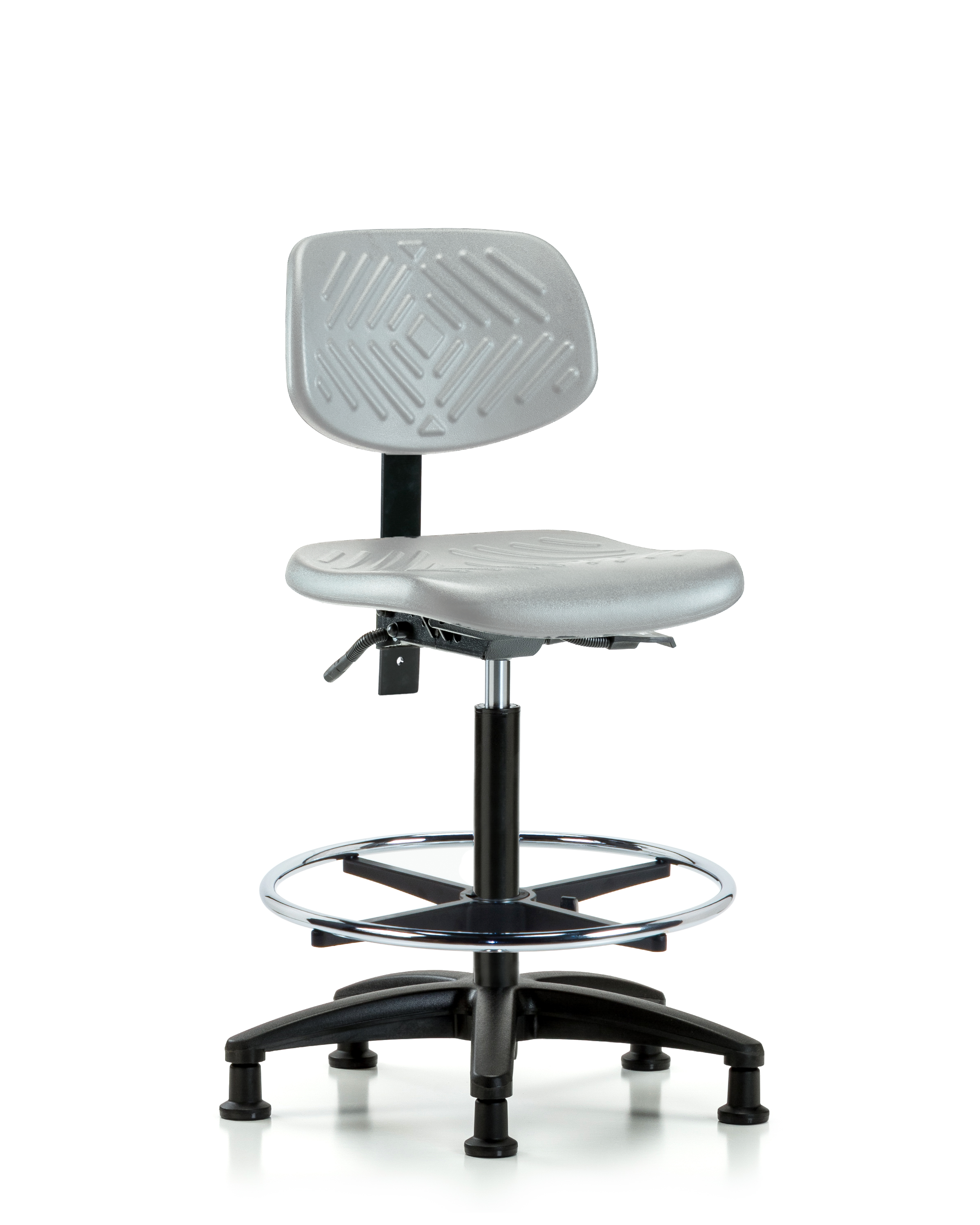 Polyurethane Chair - High Bench Height with Chrome Foot Ring & Stationary Glides in Gray Polyurethane